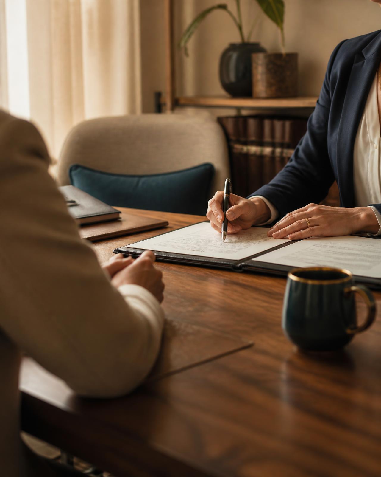 A discreet consultation between an investigator and a client in a quiet office