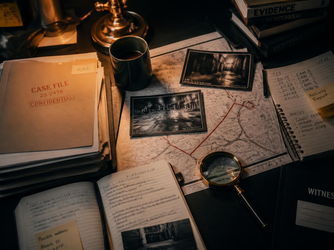 Case file with surveillance photographs, activity logs, and a marked route map on a desk