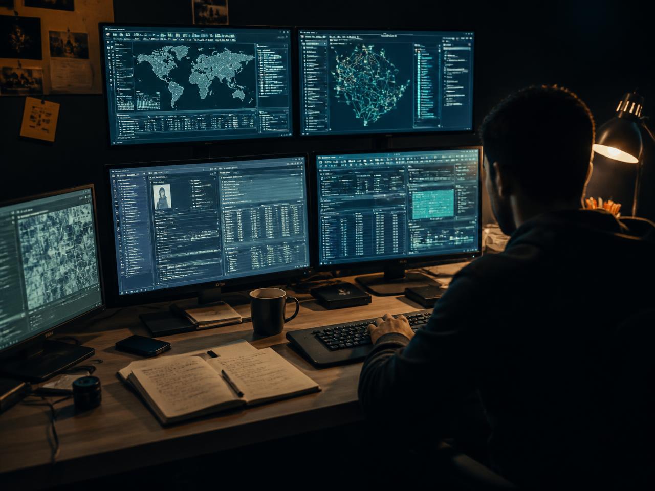 Investigator reviewing database records and mapping data across multiple monitors at night