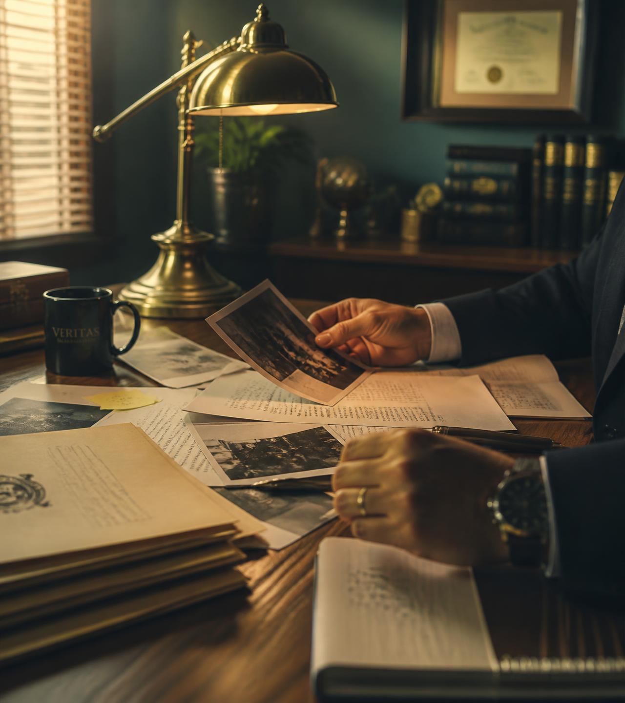 Investigator reviewing case documents at a desk in a quiet professional office